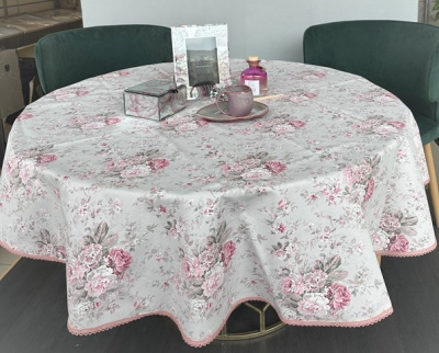 Скатерть с пропиткой 180см, Посудный ряд, принт Весенний бриз серый, Duck